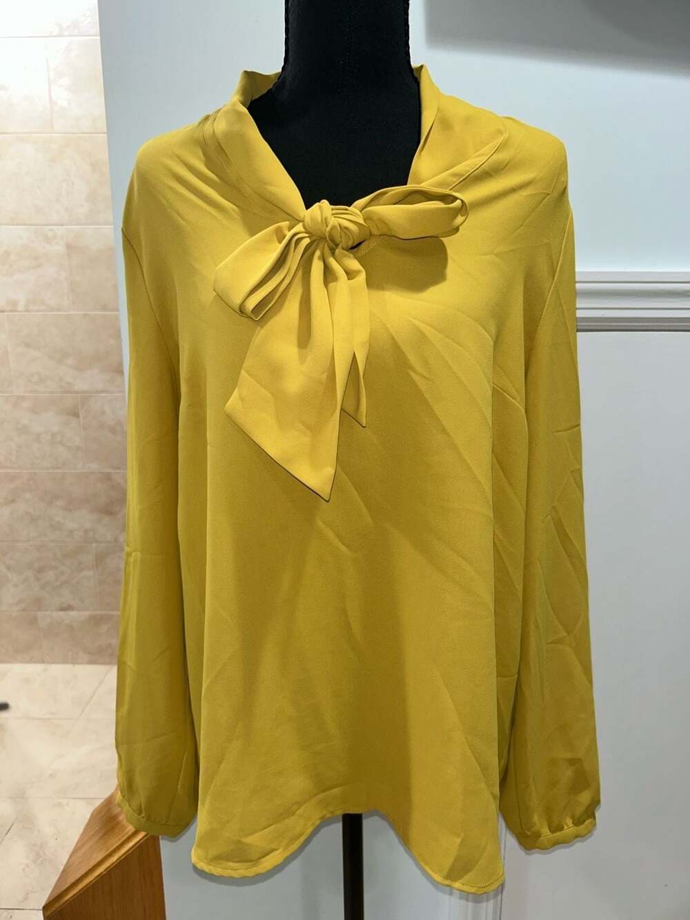 Mustard Yellow Long Sleeve Tie-Neck Blouse with Gathered Back Yoke